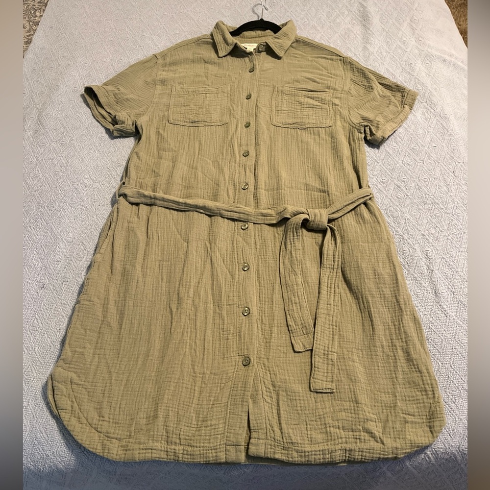 Weatherproof Vintage Shirt Dress Womens Medium Green Belted Gauze Belt Collar